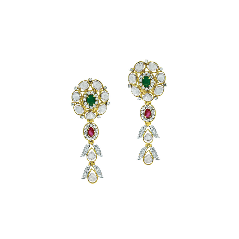 Layered Polki Necklace Set with Emeralds, Rubies, and Drops